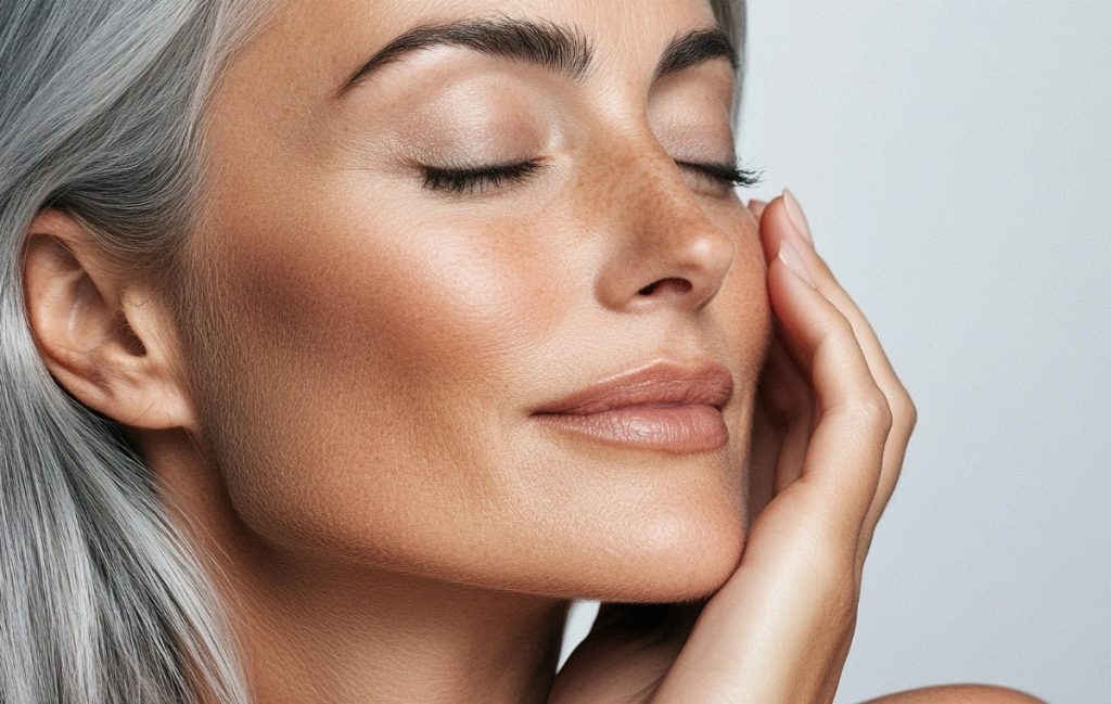 woman feels her silky skin