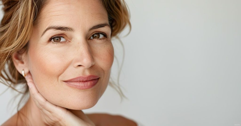 Woman showing off her results after facelift recovery (model)